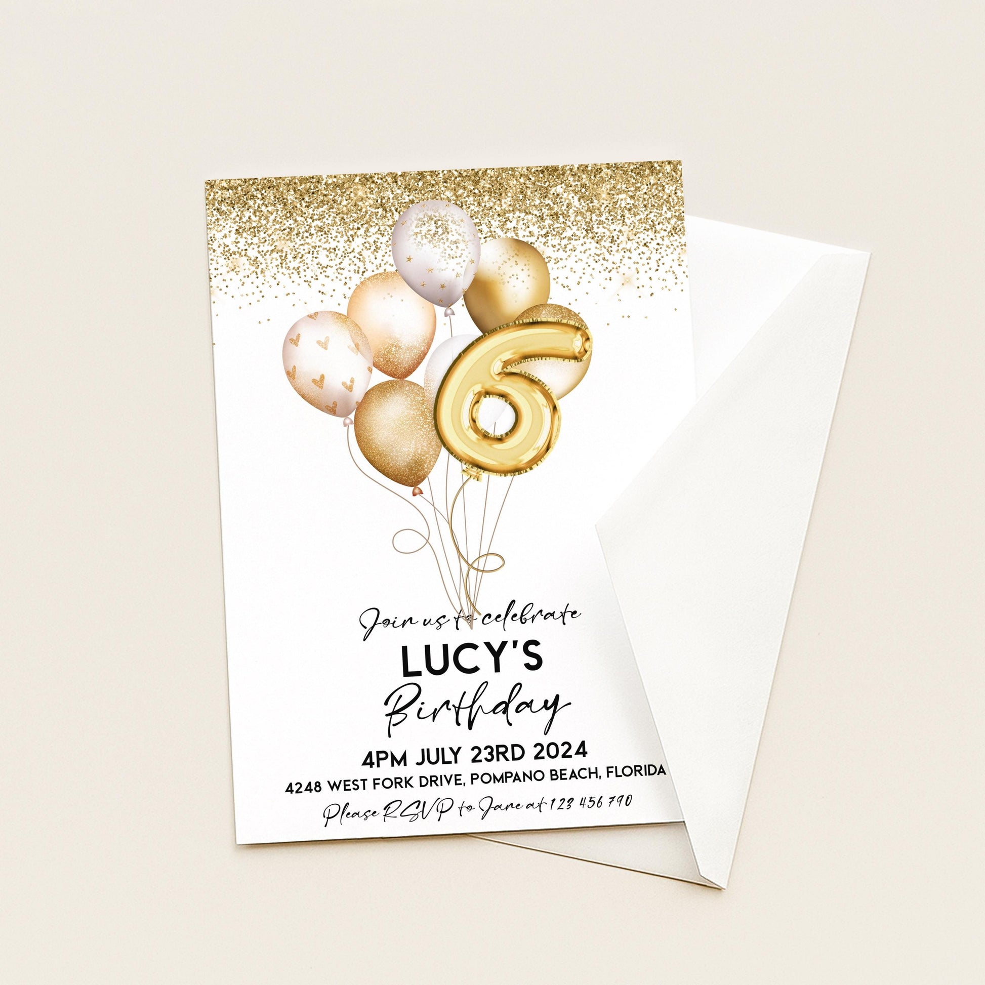 Gold 6th Birthday Invitation Balloon Editable Printable Invite Gold Glitter Instant Download Editable Template Corjl
