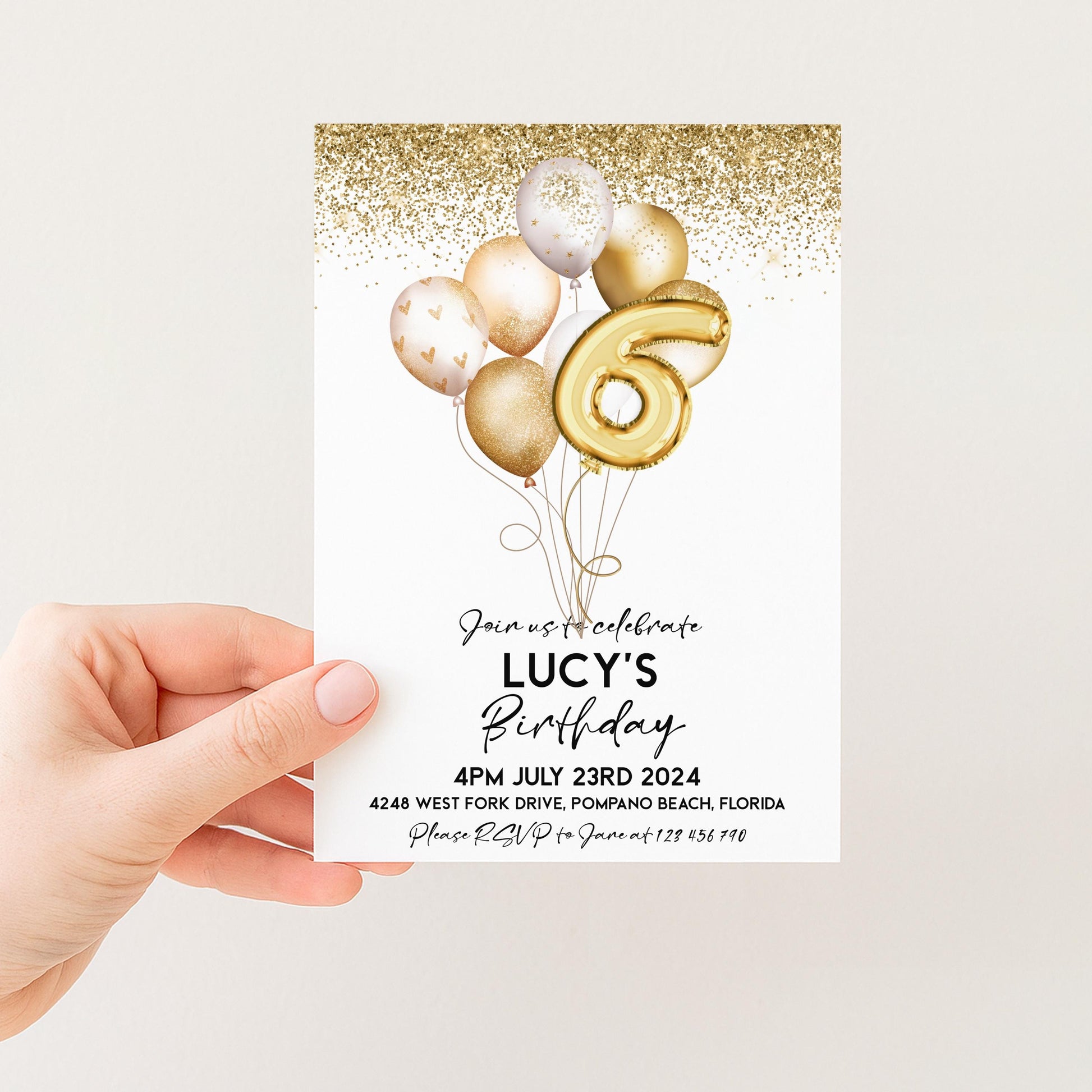 Gold 6th Birthday Invitation Balloon Editable Printable Invite Gold Glitter Instant Download Editable Template Corjl