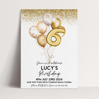 Gold 6th Birthday Invitation Balloon Editable Printable Invite Gold Glitter Instant Download Editable Template Corjl