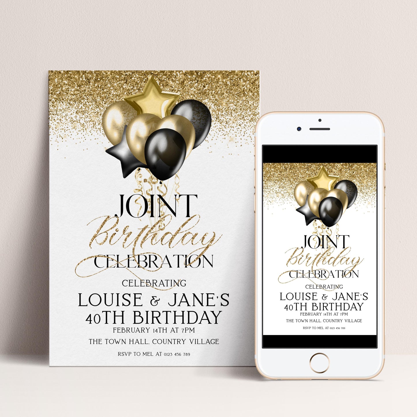 Gold and Black Birthday Invite, Joint 40th Celebration (Editable Template)