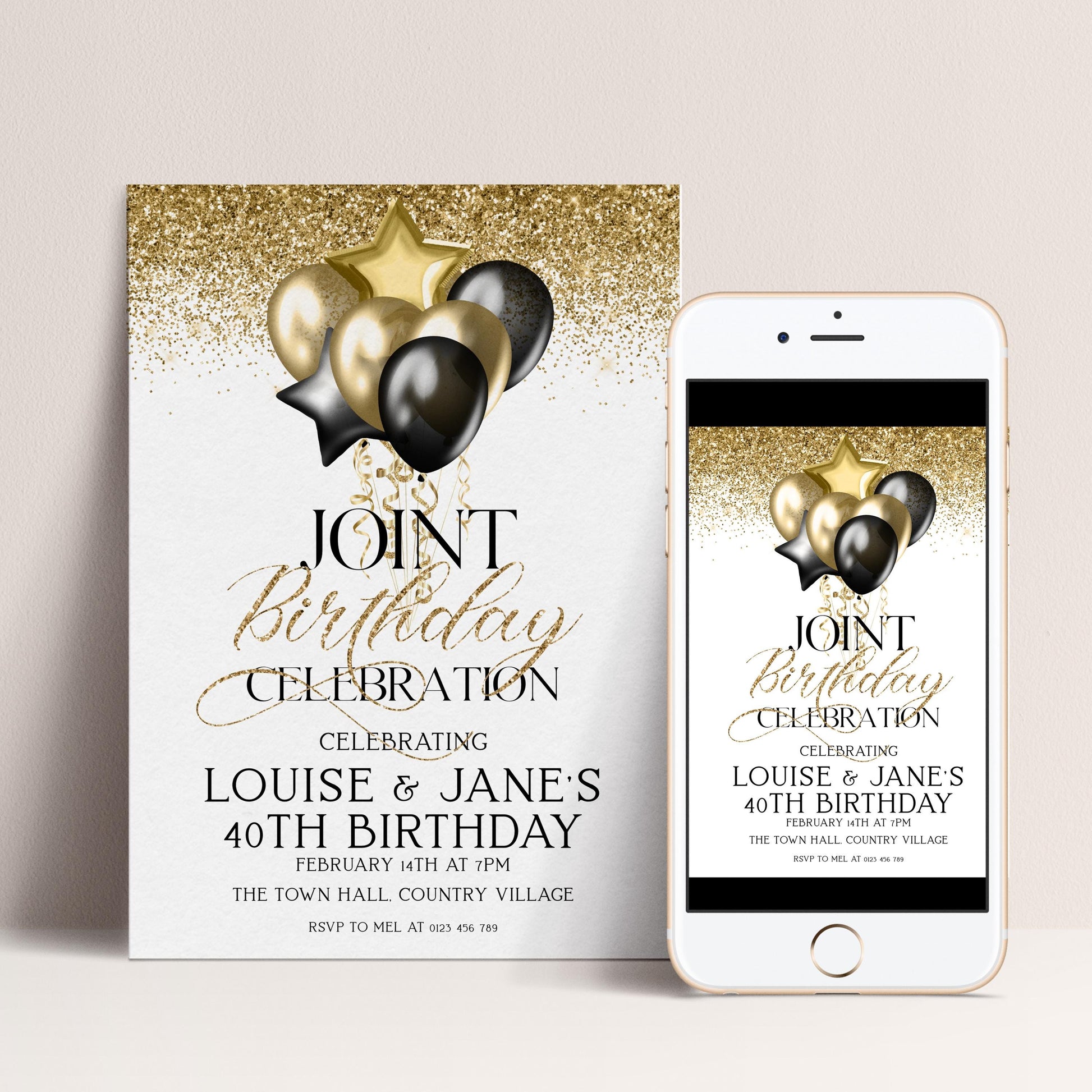 Gold and Black Birthday Invite, Joint 40th Celebration (Editable Template)