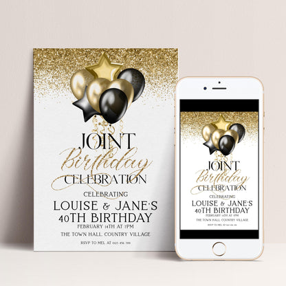 Gold and Black Birthday Invite, Joint 40th Celebration (Editable Template)