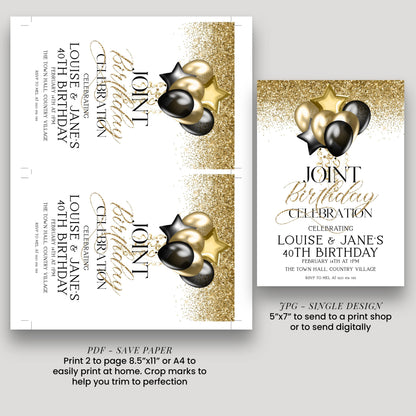 Gold and Black Birthday Invite, Joint 40th Celebration (Editable Template)