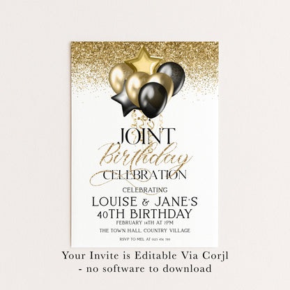 Gold and Black Birthday Invite, Joint 40th Celebration (Editable Template)