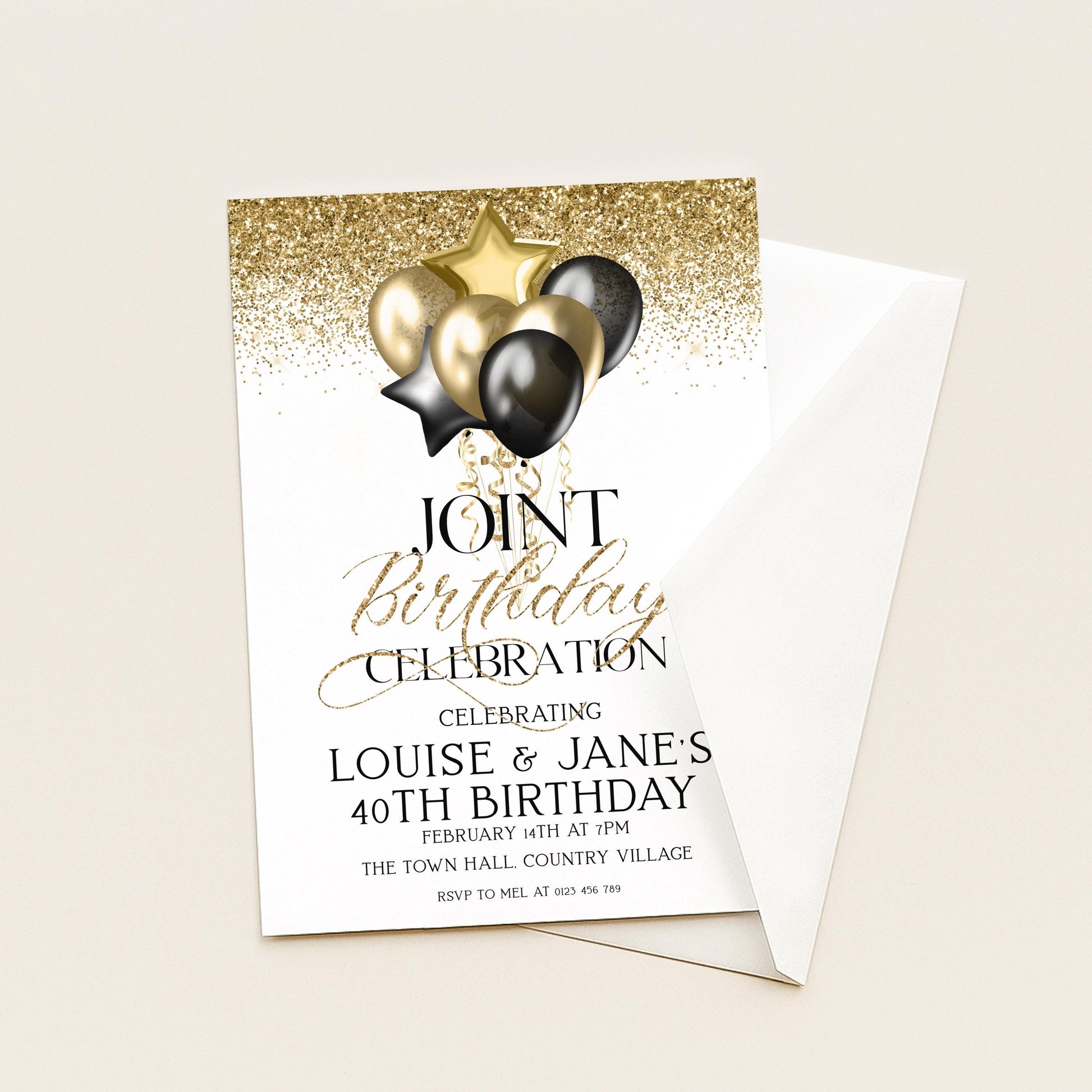 Gold and Black Birthday Invite, Joint 40th Celebration (Editable Template)