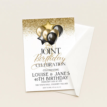 Gold and Black Birthday Invite, Joint 40th Celebration (Editable Template)