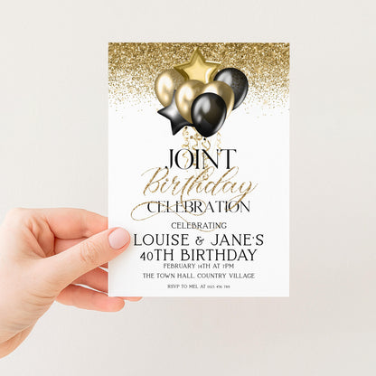 Gold and Black Birthday Invite, Joint 40th Celebration (Editable Template)