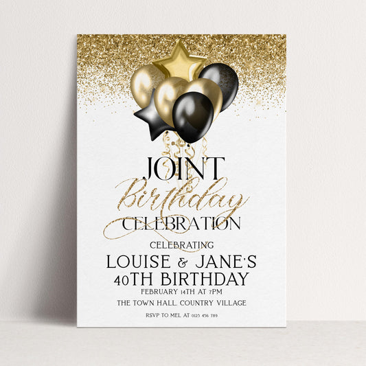 Gold and Black Birthday Invite, Joint 40th Celebration (Editable Template)