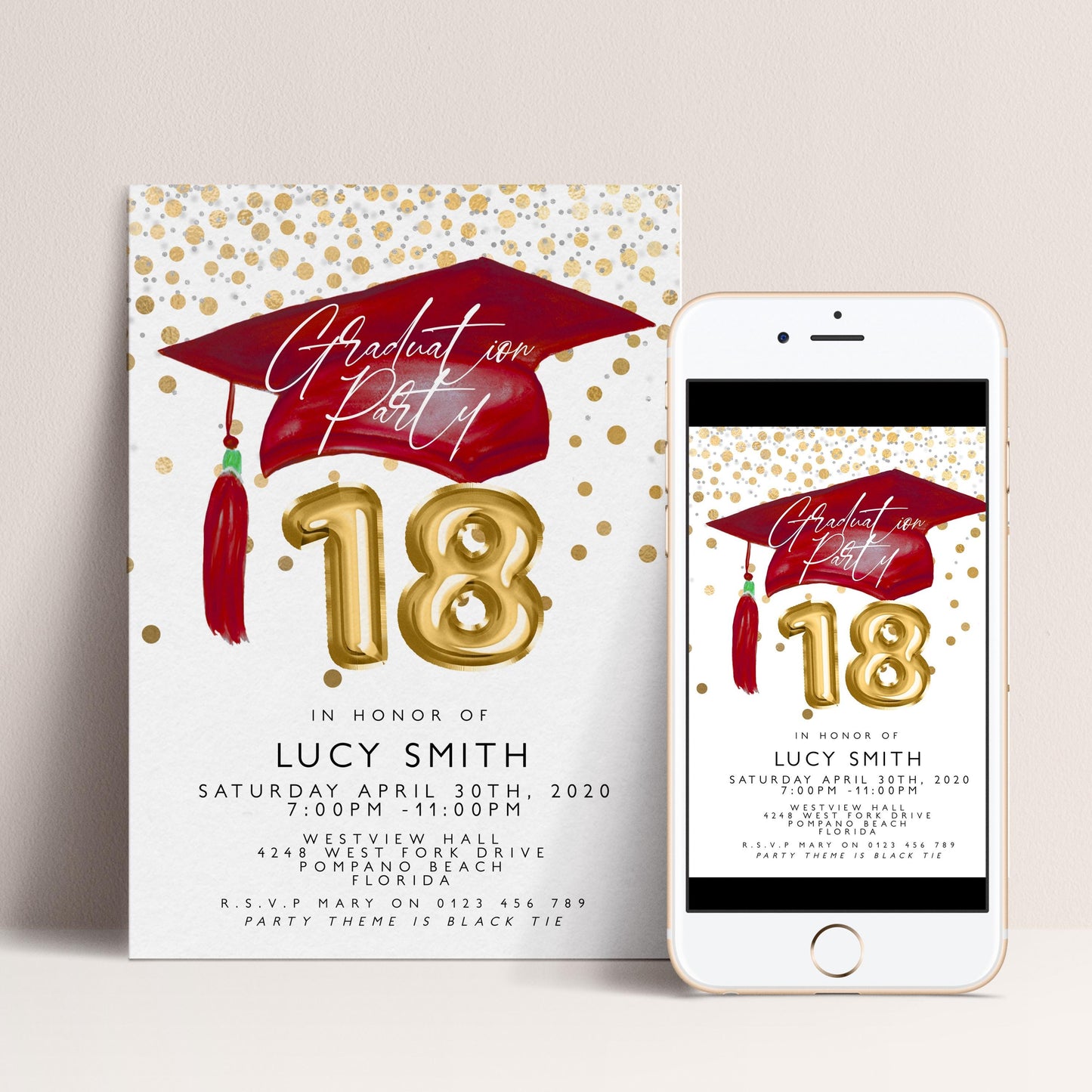 Graduation 18th Party Invitation Template Senior Graduation Announcement, Gold Red Graduation Cap, Printable Graduation Invitation