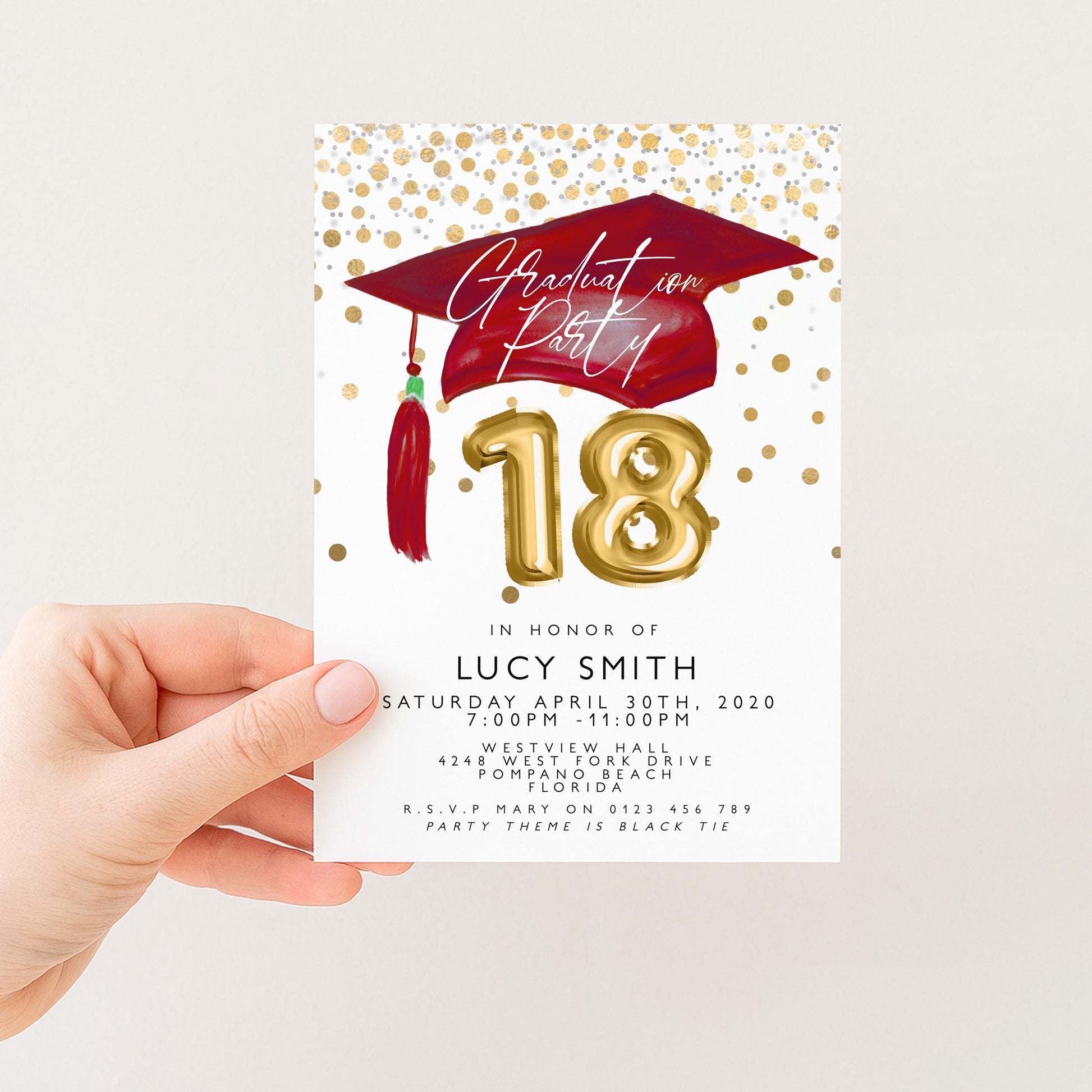 Graduation 18th Party Invitation Template Senior Graduation Announcement, Gold Red Graduation Cap, Printable Graduation Invitation