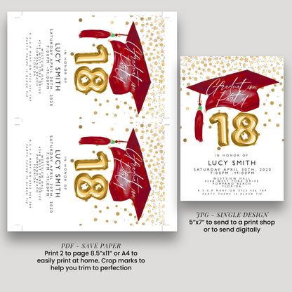 Graduation 18th Party Invitation Template Senior Graduation Announcement, Gold Red Graduation Cap, Printable Graduation Invitation