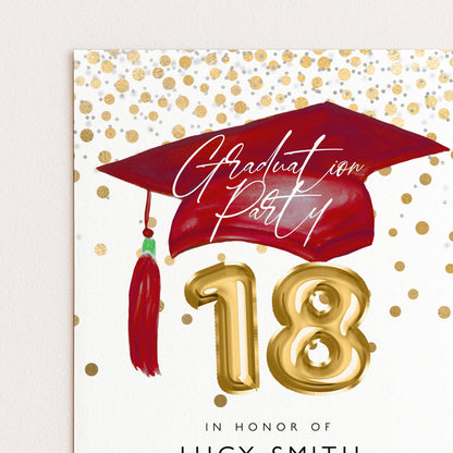 Graduation 18th Party Invitation Template Senior Graduation Announcement, Gold Red Graduation Cap, Printable Graduation Invitation