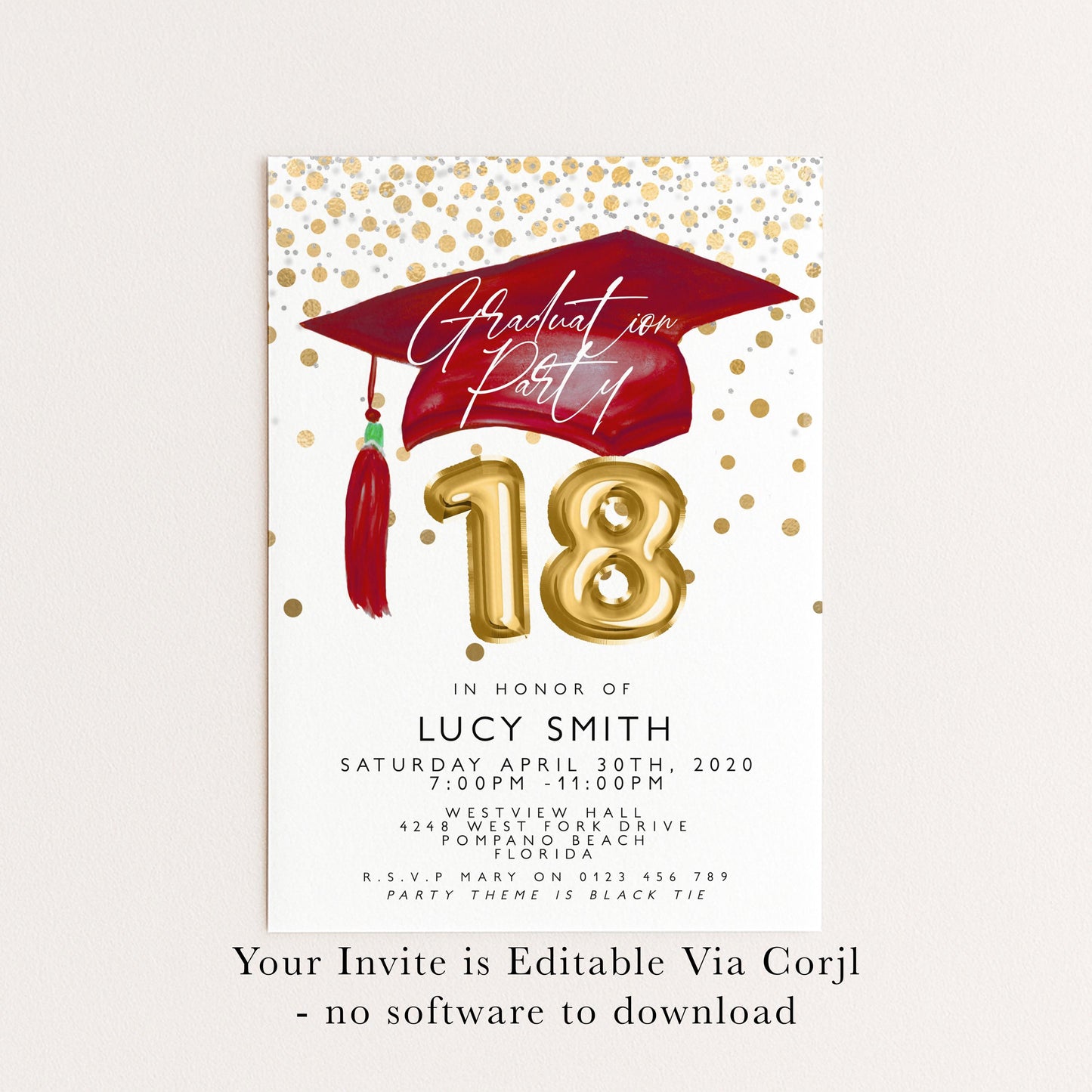 Graduation 18th Party Invitation Template Senior Graduation Announcement, Gold Red Graduation Cap, Printable Graduation Invitation