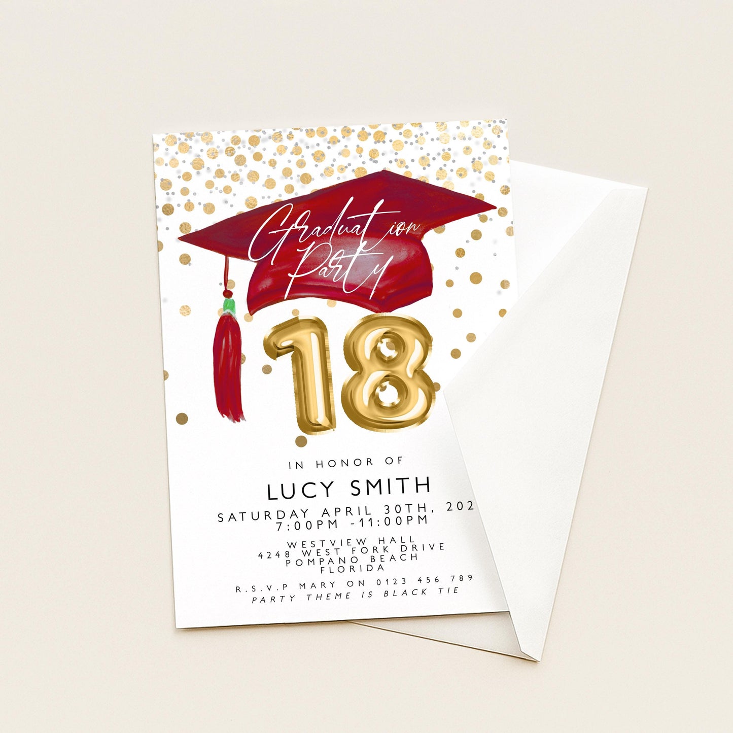 Graduation 18th Party Invitation Template Senior Graduation Announcement, Gold Red Graduation Cap, Printable Graduation Invitation