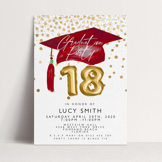 Graduation 18th Party Invitation Template Senior Graduation Announcement, Gold Red Graduation Cap, Printable Graduation Invitation