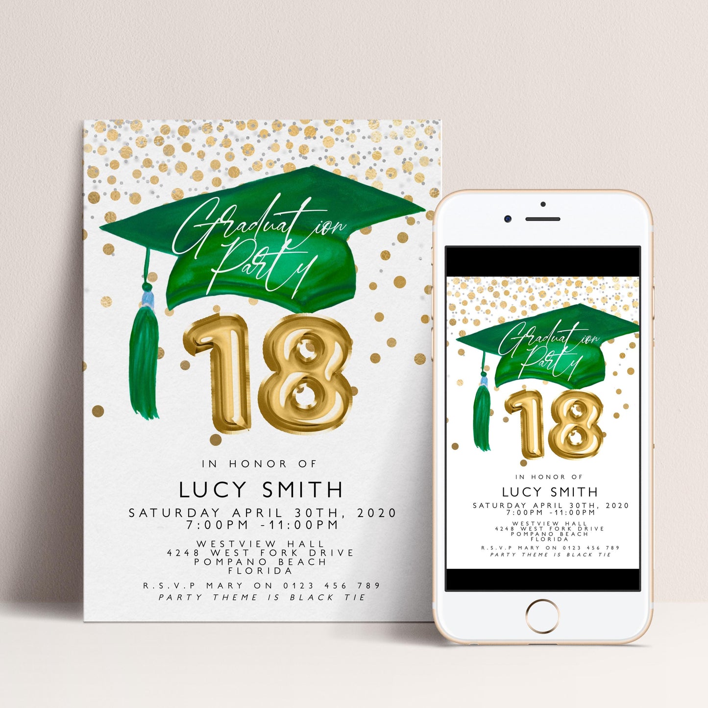 The image is a graduation party invitation featuring a green graduation cap and tassel, along with gold numbers indicating the age of the graduate, 18. The invitation is for a party in honor of Lucy Smith, who is turning 18.