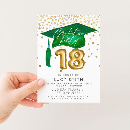 a person holding a graduation party invitation card.