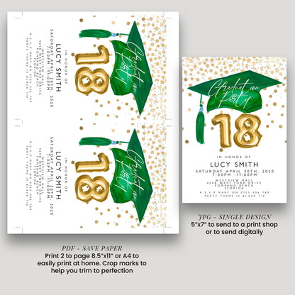 a graduation party card with gold foil lettering and a green cap and tassel