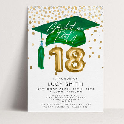 The image is a graduation party invitation for a person named Lucy Smith, celebrating their 18th birthday.