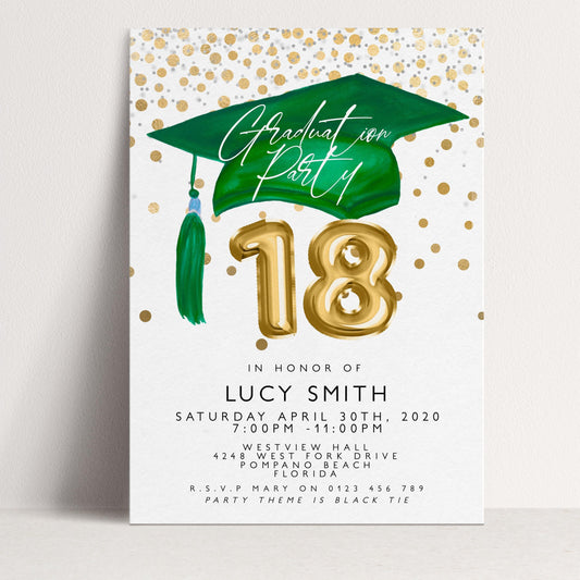 The image is a graduation party invitation for a person named Lucy Smith, celebrating their 18th birthday.
