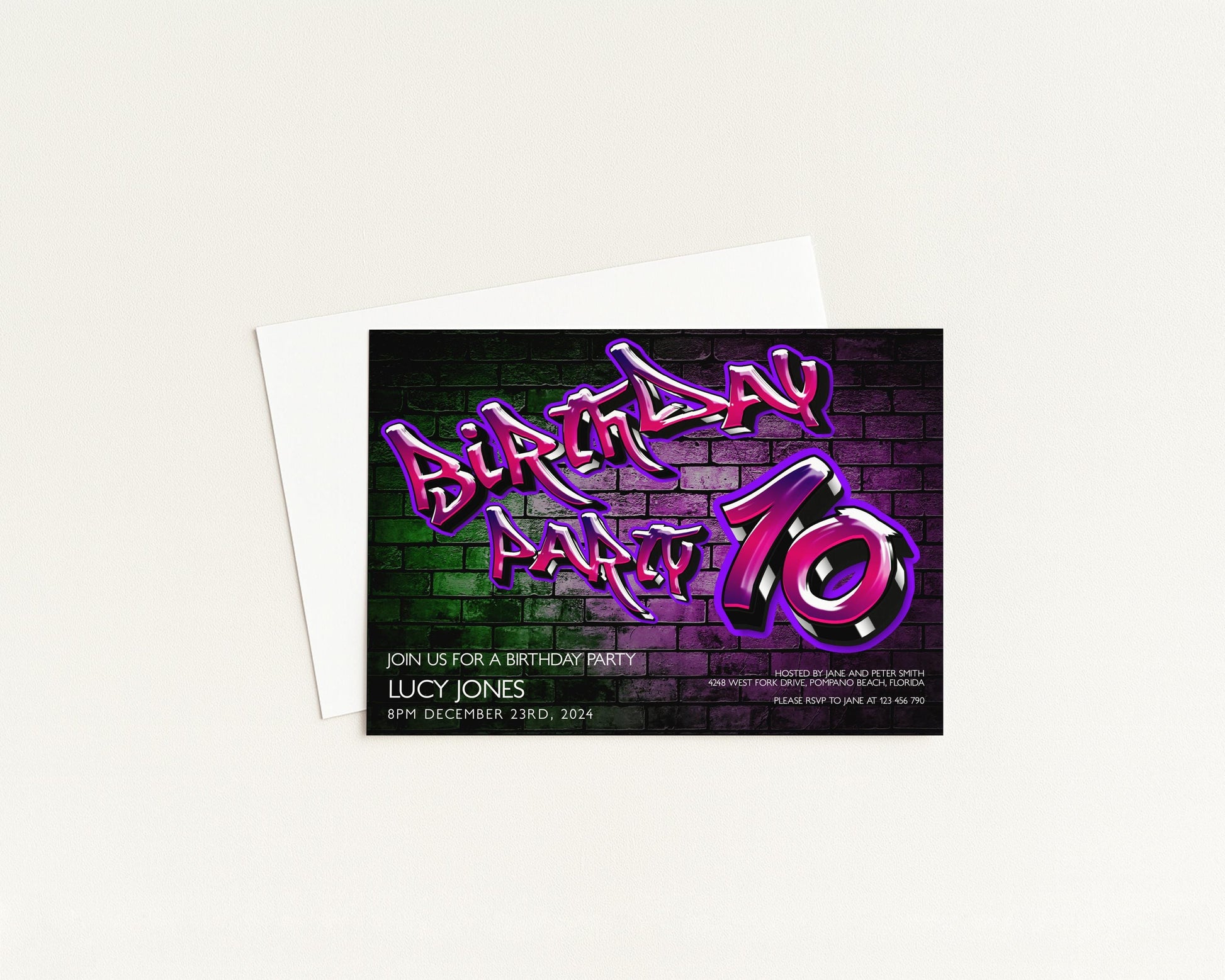 Birthday party invitation with graffiti-style text and a brick wall background.