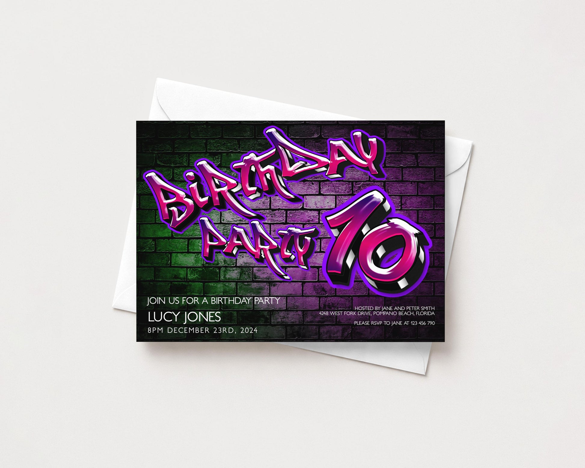 Birthday party invitation with graffiti-style text and a brick wall background.