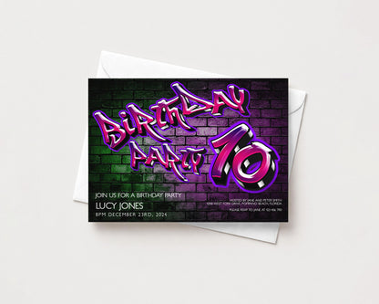 Birthday party invitation with graffiti-style text and a brick wall background.