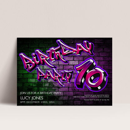 Birthday party invitation with graffiti-style text and a brick wall background.