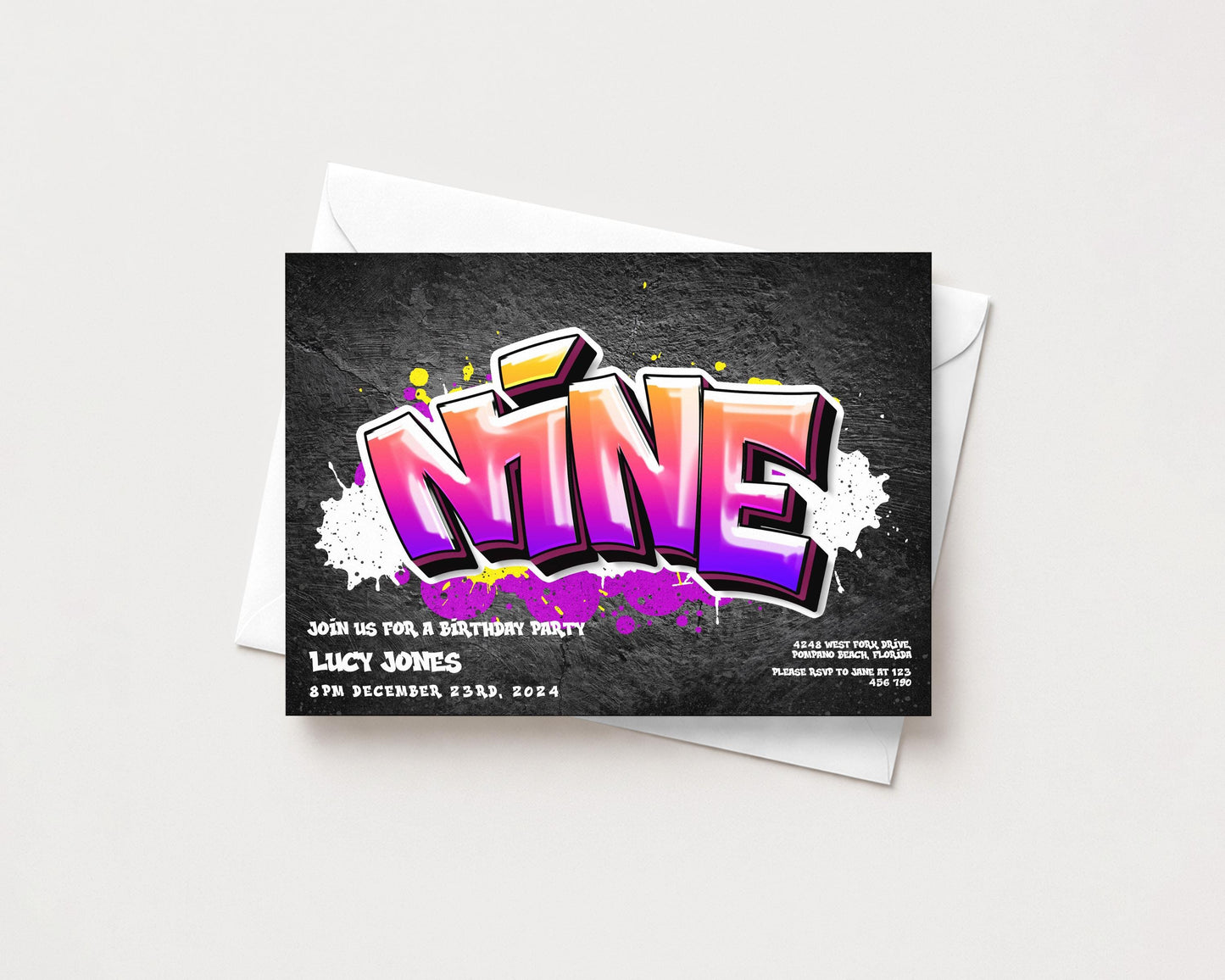 The image is a birthday party invitation featuring a graffiti-style design with the word "NINE" prominently displayed.