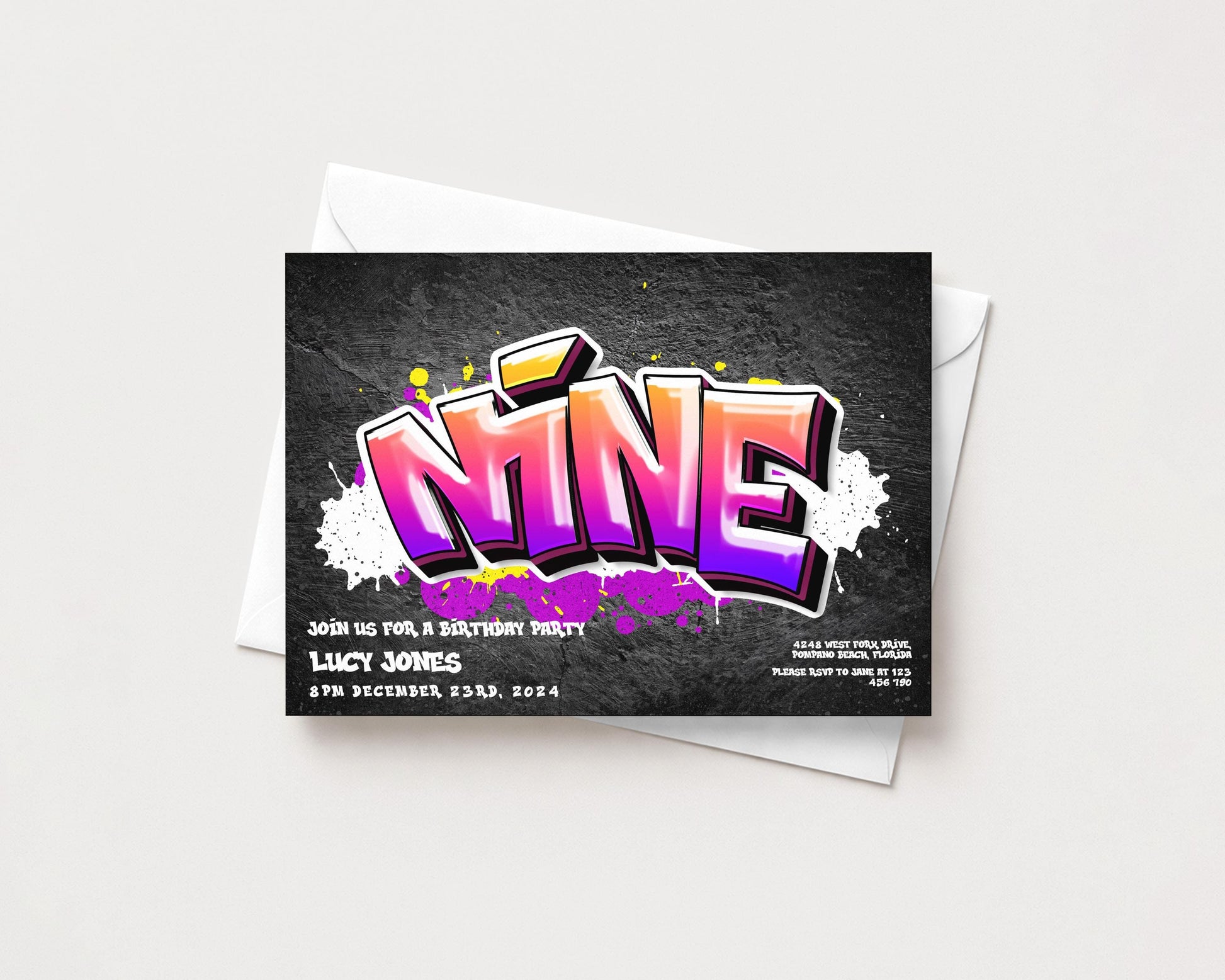 The image is a birthday party invitation featuring a graffiti-style design with the word "NINE" prominently displayed.