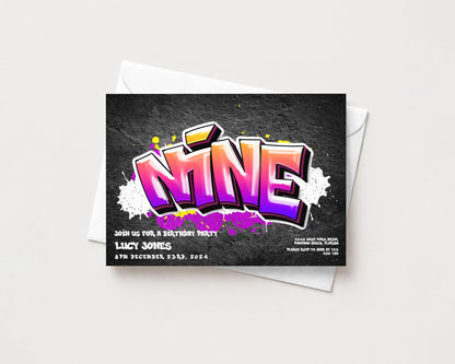 The image is a birthday party invitation featuring a graffiti-style design with the word "NINE" prominently displayed.