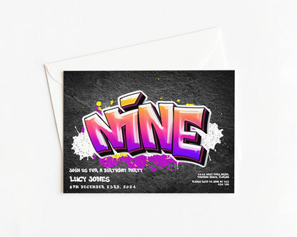 The image is a birthday party invitation featuring a graffiti-style design with the word "NINE" prominently displayed.