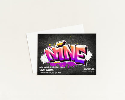A graphic design featuring the word "NINE" in a graffiti-style font, with colorful splatter effects and a black background.