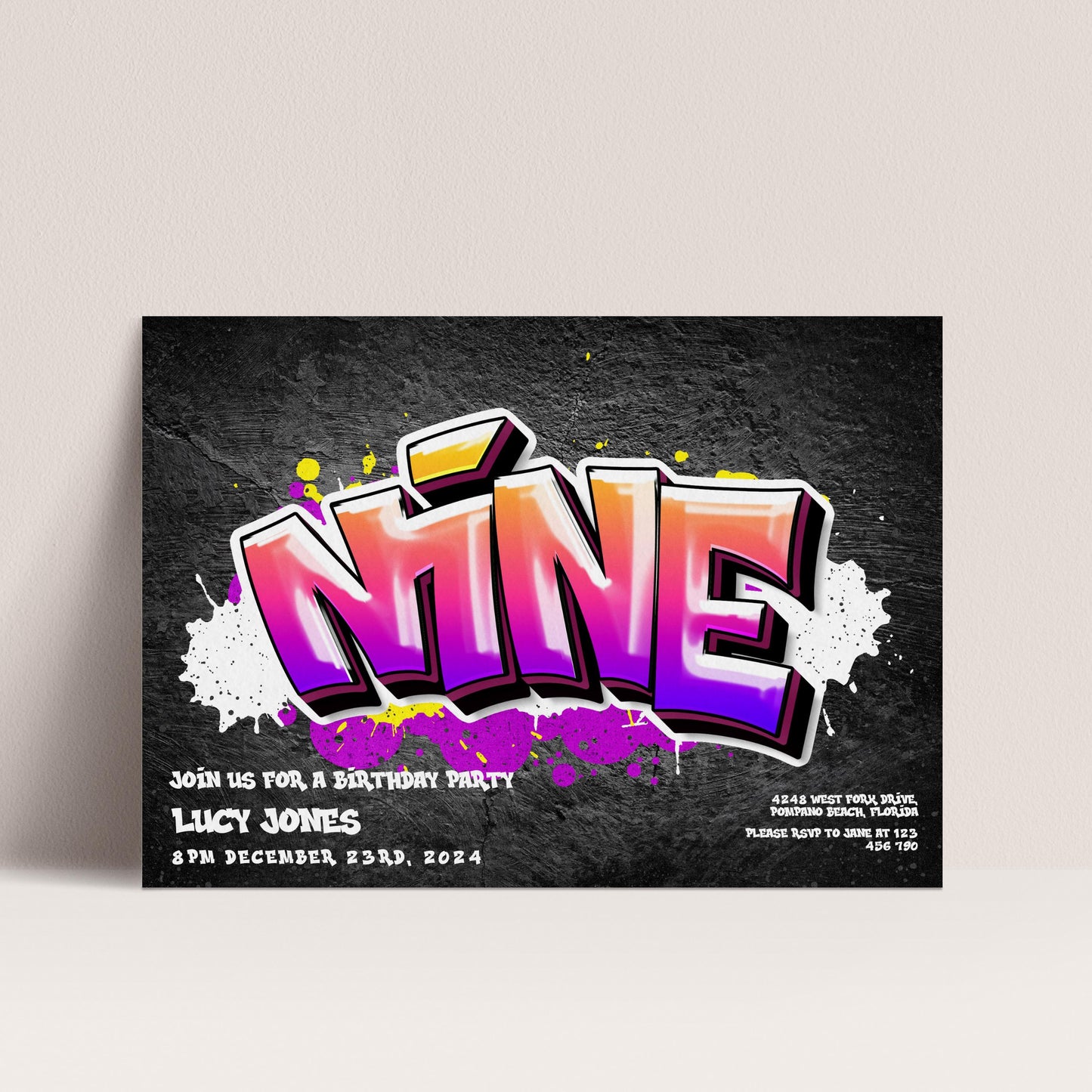 The image is a birthday party invitation featuring a graffiti-style design with the word "NINE" prominently displayed.