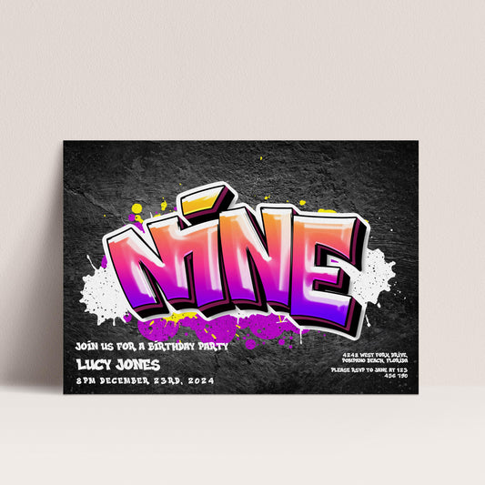 The image is a birthday party invitation featuring a graffiti-style design with the word "NINE" prominently displayed.