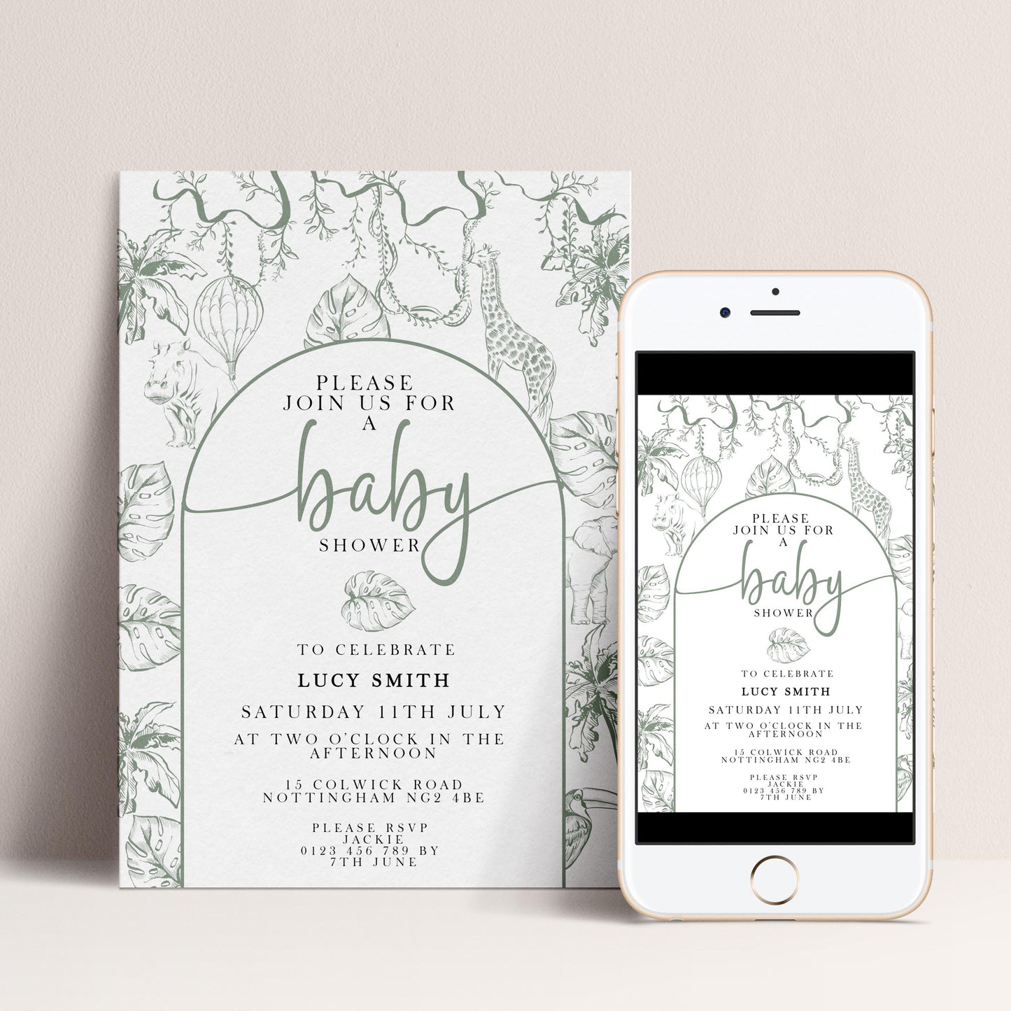 a baby shower invitation card and a smartphone screen displaying the same invitation.