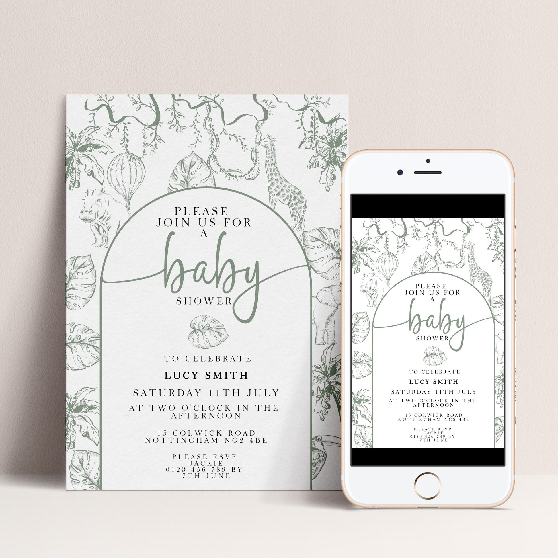a baby shower invitation card and a smartphone screen displaying the same invitation.