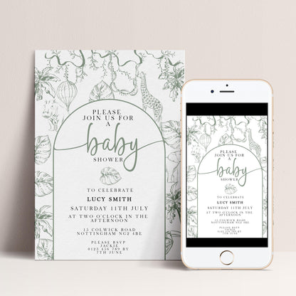 a baby shower invitation card and a smartphone screen displaying the same invitation.