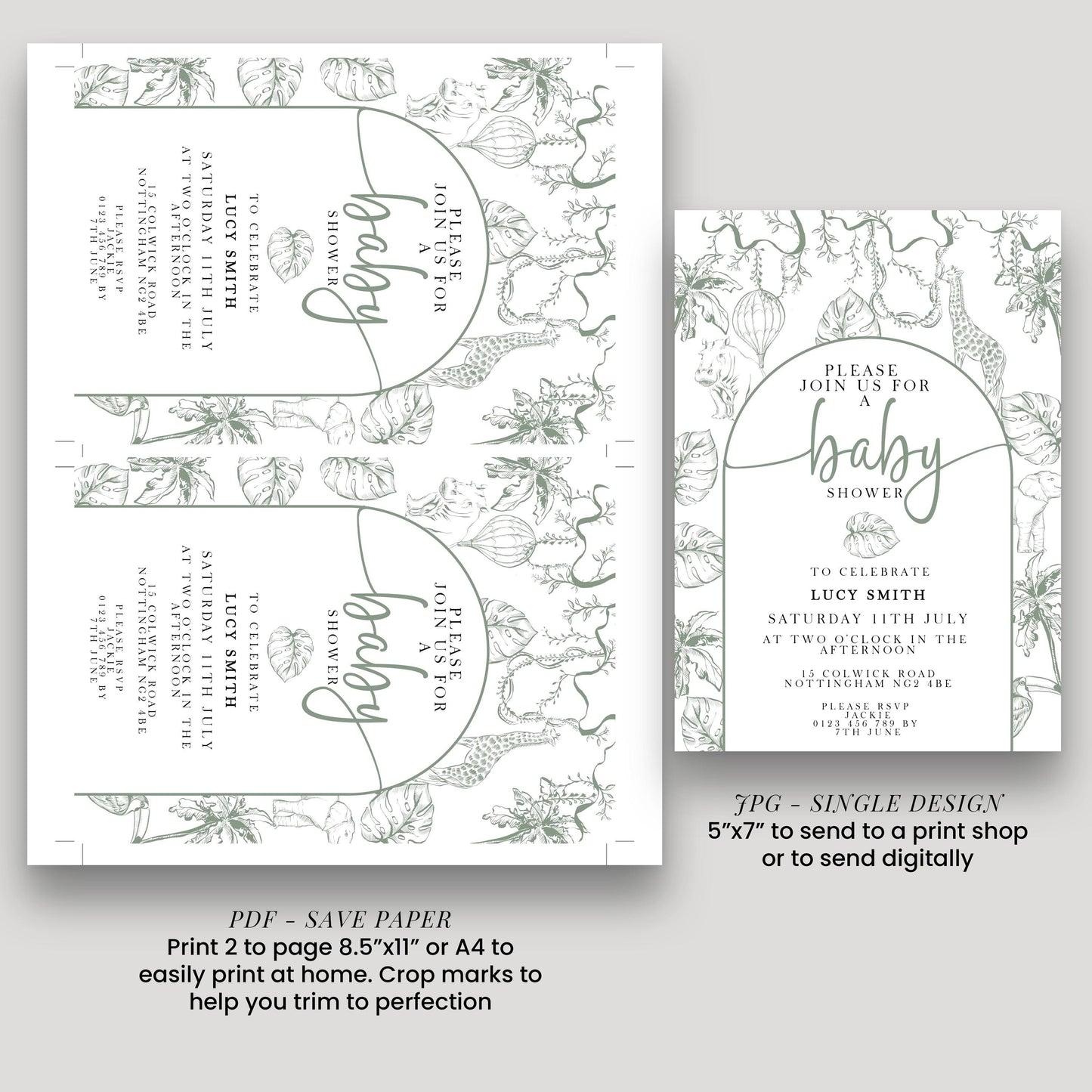 The image is a baby shower invitation featuring a floral design and text that invites guests to a baby shower celebration for Lucy Smith.