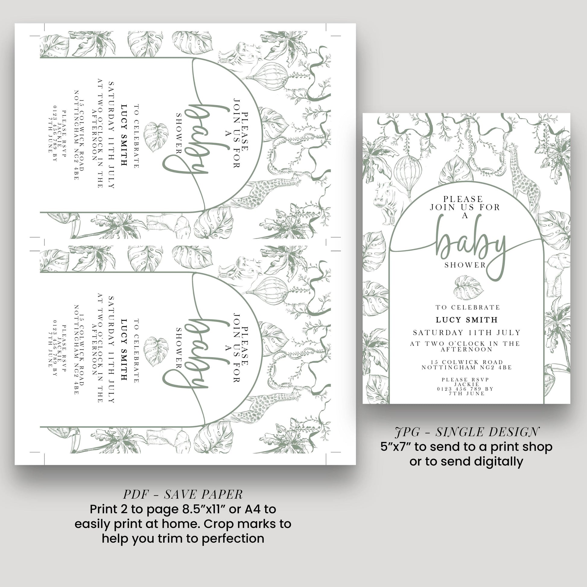 The image is a baby shower invitation featuring a floral design and text that invites guests to a baby shower celebration for Lucy Smith.