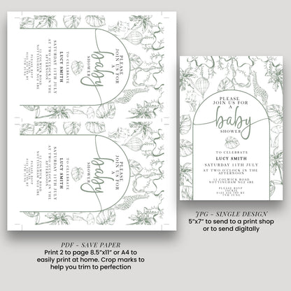 The image is a baby shower invitation featuring a floral design and text that invites guests to a baby shower celebration for Lucy Smith.