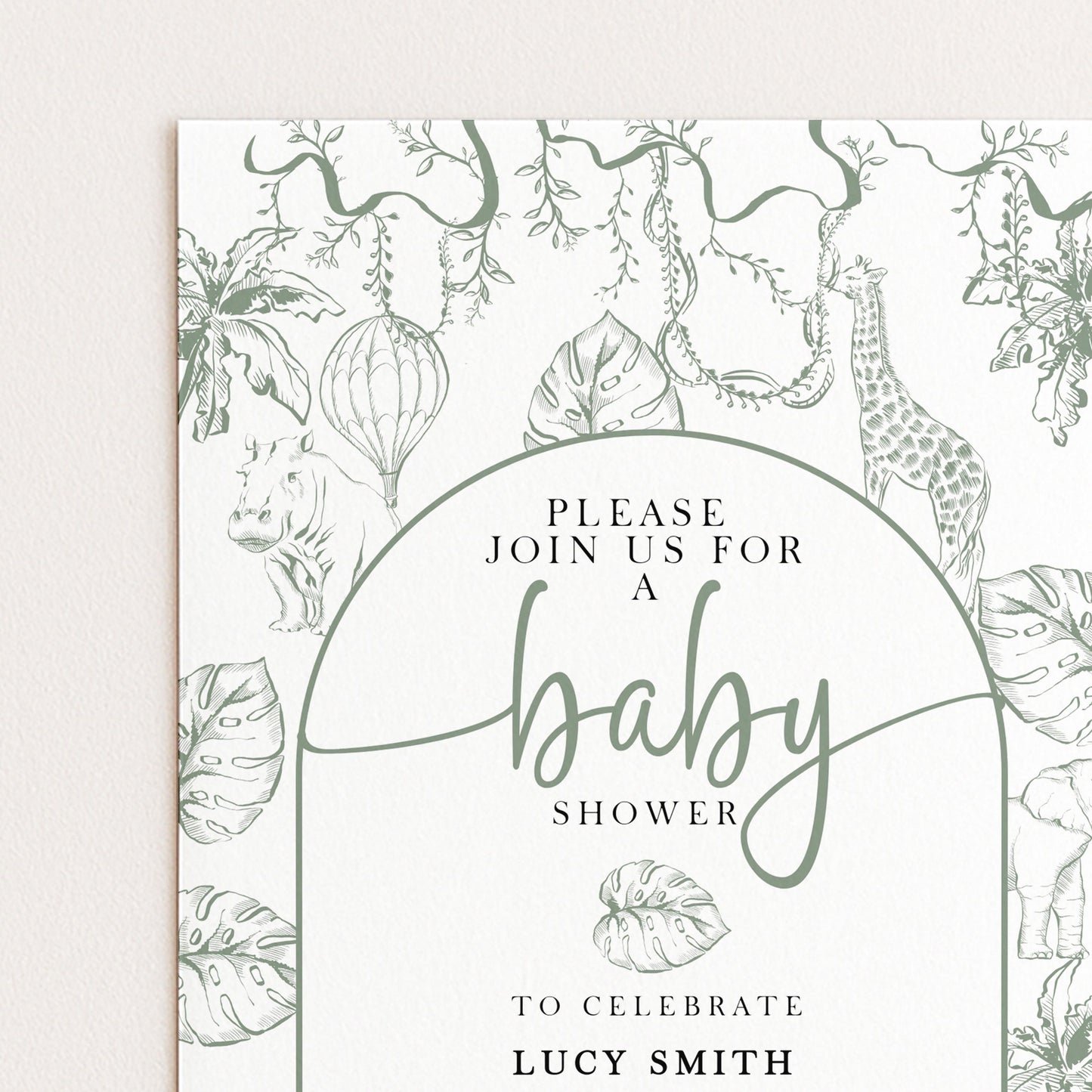 The image is a baby shower invitation featuring a jungle theme with illustrations of animals and plants.