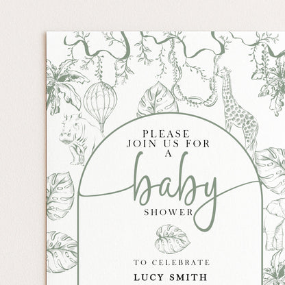 The image is a baby shower invitation featuring a jungle theme with illustrations of animals and plants.