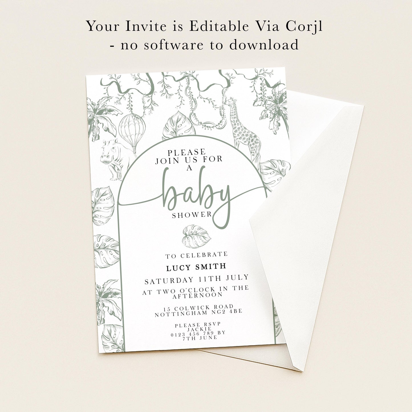 The image is a baby shower invitation featuring a green and white color scheme with illustrations of a giraffe, leaves, and balloons. The invitation invites guests to join for a baby shower celebration on Saturday, July 11th at the Afternoon at Two Oak in the afternoon. The event is organized by Lucy Smith and is taking place at the Nottingham & Northumberland Hotel in London, starting at 8:45 am. The invitation also provides a space for guests to RSVP by calling 0145 4780 816.