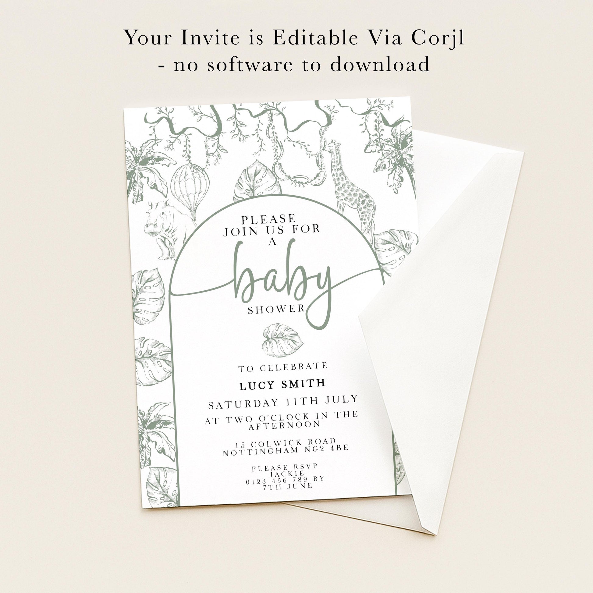 The image is a baby shower invitation featuring a green and white color scheme with illustrations of a giraffe, leaves, and balloons. The invitation invites guests to join for a baby shower celebration on Saturday, July 11th at the Afternoon at Two Oak in the afternoon. The event is organized by Lucy Smith and is taking place at the Nottingham & Northumberland Hotel in London, starting at 8:45 am. The invitation also provides a space for guests to RSVP by calling 0145 4780 816.