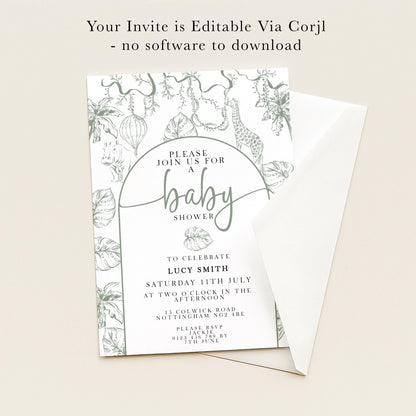The image is a baby shower invitation featuring a green and white color scheme with illustrations of a giraffe, leaves, and balloons. The invitation invites guests to join for a baby shower celebration on Saturday, July 11th at the Afternoon at Two Oak in the afternoon. The event is organized by Lucy Smith and is taking place at the Nottingham & Northumberland Hotel in London, starting at 8:45 am. The invitation also provides a space for guests to RSVP by calling 0145 4780 816.