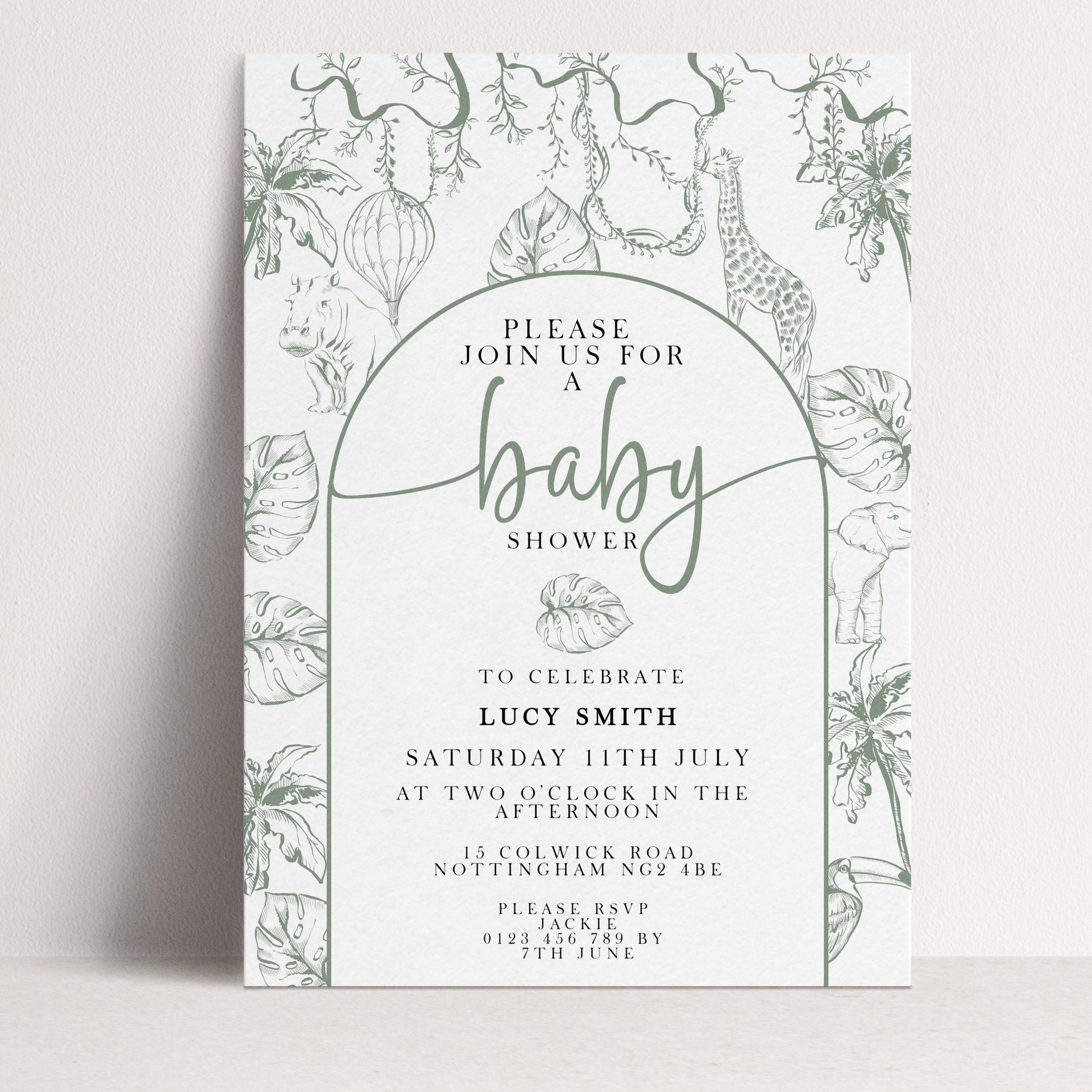 The image is a baby shower invitation featuring a white background with a green and black design of leaves, flowers, and a giraffe. The invitation invites guests to join for a baby shower and provides details about the event, including the date, time, location, and RSVP instructions.
