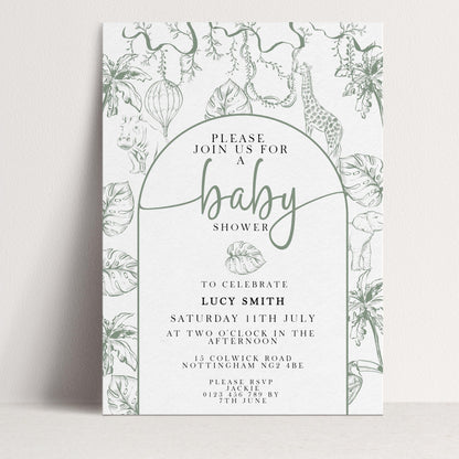 The image is a baby shower invitation featuring a white background with a green and black design of leaves, flowers, and a giraffe. The invitation invites guests to join for a baby shower and provides details about the event, including the date, time, location, and RSVP instructions.