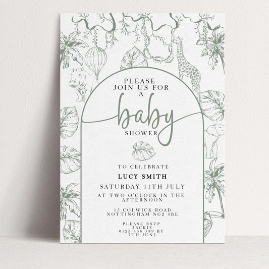 The image is a baby shower invitation featuring a white background with a green and black design of leaves, flowers, and a giraffe. The invitation invites guests to join for a baby shower and provides details about the event, including the date, time, location, and RSVP instructions.
