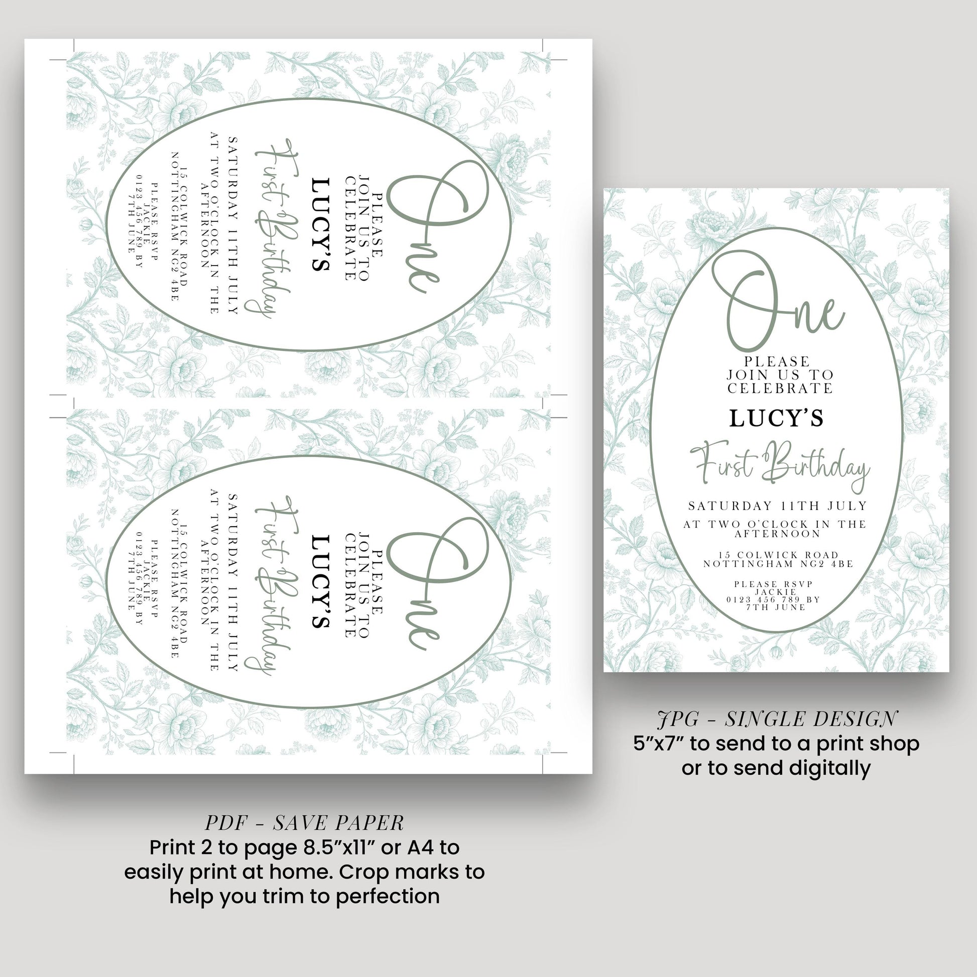 two invitation cards for a first birthday celebration. The cards feature a floral design and text inviting guests to join the celebration of Lucy's first birthday.